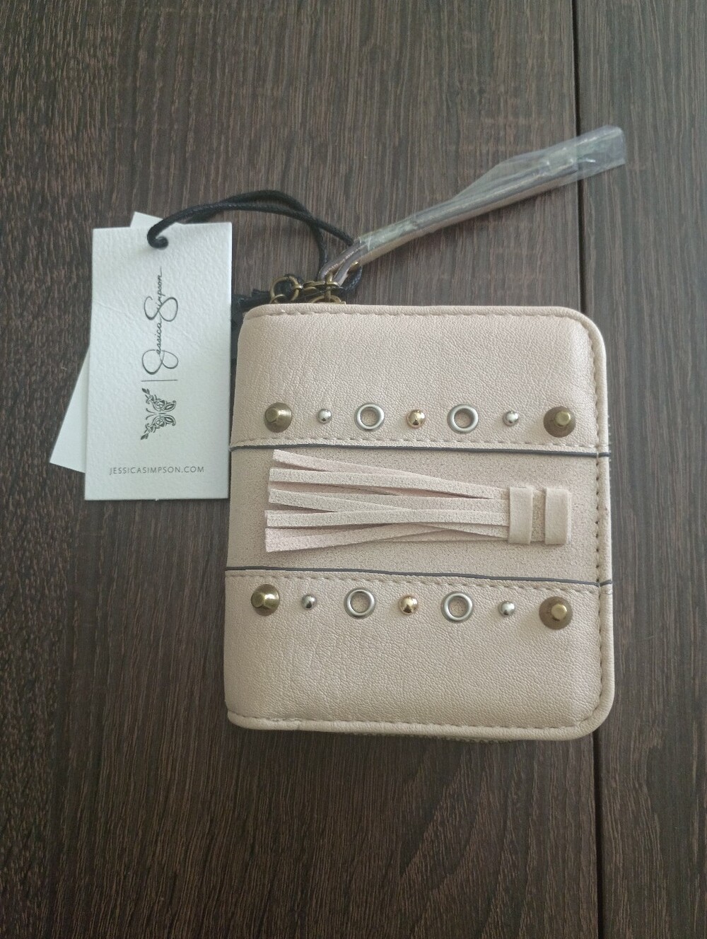 Jessica Simpson Beige Studded Tassel Zip-Around Wallet Wristlet (NWT)
